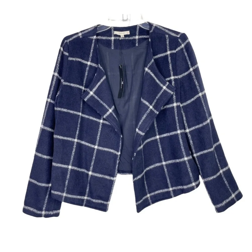 LE LIS Navy White Window Pane Plaid Open Front Blazer Jacket Womens Small